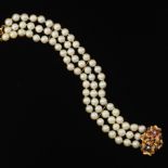 Ladies' Vintage Gold, Ruby, Blue Sapphire, Diamond and Pearl Three-Strand Bracelet