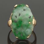 Ladies' Retro Gold, Carved Green Jade Ring