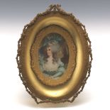 Antique French Miniature Portrait of Marie Antoinette in d'Ore Bronze and Mixed Metals Shadowbox Fr