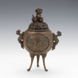 Chinese Bronze Phoenix and Foo Lion Tripod Incense Burner, Apocryphal Ming Marks