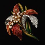 Spectacular MOBA 3D Gold, Guilloche Enamel and 6 Ct Total Diamond LilIy Pin/Brooch