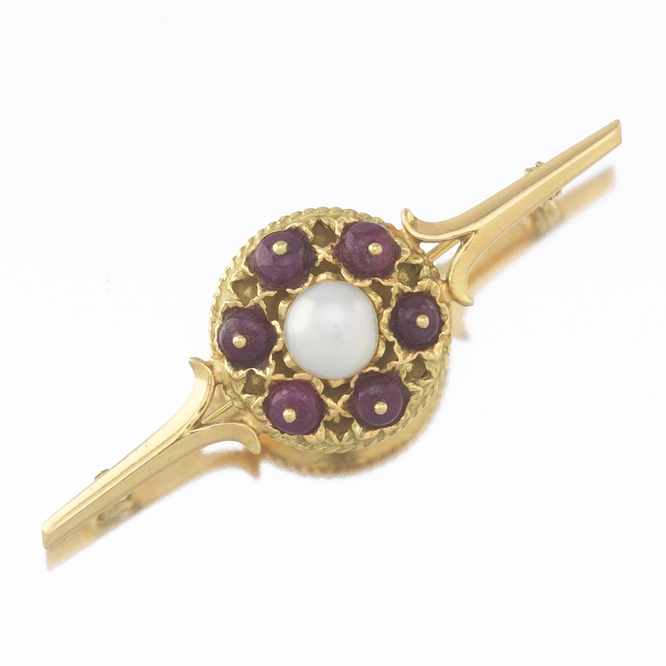 Ladies' Vintage Italian Gold, Pearl and Ruby Pin/Brooch