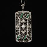 Ladies' Art Deco Platinum, Diamond, Blue Sapphire and Emerald Pendant on Gold Chain