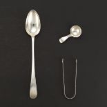 George III Hester Bateman Platter Spoon, Teacaddy Spoon, and Tongs, ca. 18th Century