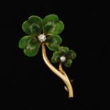 Art Nouveau Gold, Enamel, Diamond and Seed Pearl Lucky Shamrock Pin/Brooch