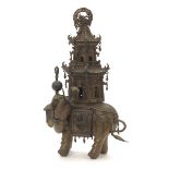 Chinese Copper Alloy Bronze Two-Part Sculptural Group Elephant with Temple Lantern/Censer