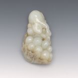 Chinese Carved White Grey Jade Squirrel and Grape Cluster