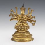 Tibetan Gilt Bronze Multi-Arm Budda Shakyamuni on Double Lotus Throne