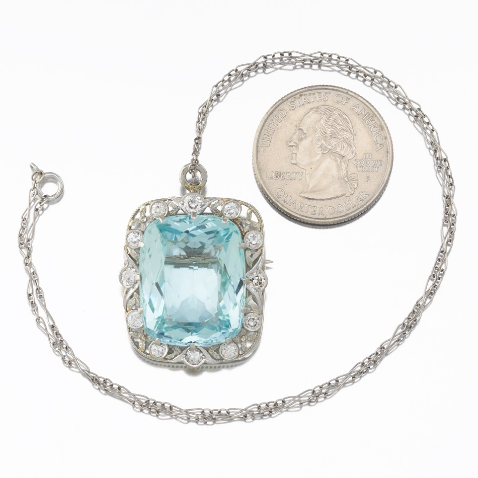 Ladies' Edwardian Platinum, Gold, 26 ct Aquamarine and Diamond Pin/Brooch/Pendant on Chain - Image 2 of 7