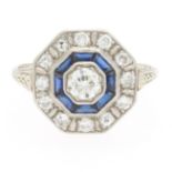 Art Deco Gold, Diamond and Blue Sapphire Ring