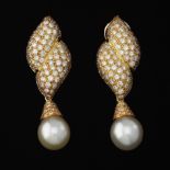 Ladies' Spectacular Bvcciari Pair of Gold, Pearl and 6.50 ct Total Diamond "Day to Night" Ear Clips