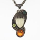 Art Deco Style Sterling Silver, Ivorine, Amber, Peridot and Green Tourmaline Pendant on Chain