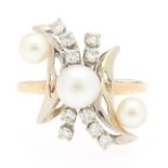 Ladies' Vintage Two-Tone Gold, Pearl and Diamond Spray Ring