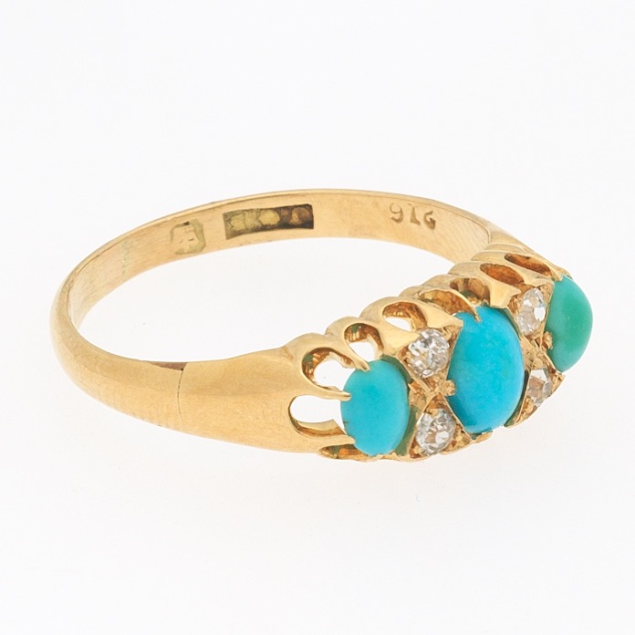 Victorian English Gold, Turquoise and Diamond Ring, Shefiled, dated 1894 - Image 6 of 8