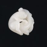 Chinese Carved White Jade Monkey and Lingzhi Fungi Ornament