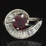 Ladies' Platinum, Ruby and Diamond Scroll Ring