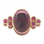 Russian Gold, Carved Amethyst and Ruby Bulldog Brooch, E.K. Schubert, ca.