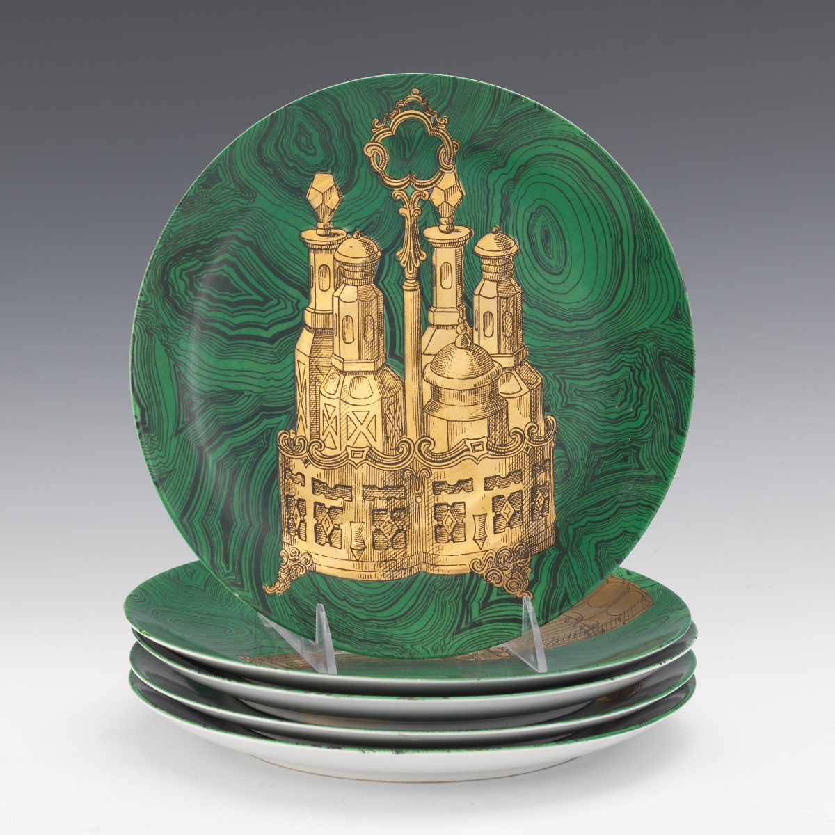 Piero Fornasetti Malachite Green Plates with Gold Designs #4, #5, #6, #9, and #10