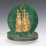 Piero Fornasetti Malachite Green Plates with Gold Designs #4, #5, #6, #9, and #10