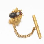 Gold, Black Star Sapphire, Ruby and Seed Pearl Bee Tie Pin