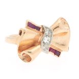 Ladies' Retro Gold, Ruby and Diamond Bow Ring