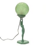 Frankart 1927 Art Deco Cold Painted Metal and Green Glass Sphere Shade Table Lamp