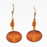 Unusual Art Deco Egyptian Revival Gold, Brass Wire and Carved Intaglio Amber Pair of Earrings