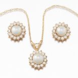 Ladies' Gold, Pearl and Diamond Pair of Earrings and Pendant on Chain