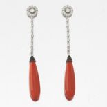 Pair of Coral, Diamond and Black Diamond Drop Earrings