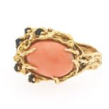 Ladies' Vintage Gold, Angel Skin Coral and Blue Sapphire Fashion Ring