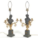Pair of Neoclassical Figural Three-Light Candelabra/Lamps, Young Hercules and Hera