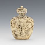 Chinese Carved Walrus Task Figural Snuff Bottle, Imperial Court Figural Scenes