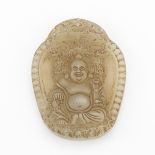 Chinese Carved Celadon Jade Plaque Ornament, Laughing Buddha on Lotus Throne