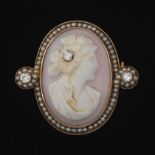 Ladies' Edwardian Gold, Diamond, Seed Pearl and Carved Cameo Pin/Brooch/Pendant