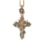 Antique Victorian Tri-Color Gold and Seed Pearl Cross on Italian Chain