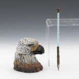 Cold Painted American Bald Eagle Inkwell with French Bronze and Venetian Glass Pen with American Mi