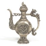 Chinese for Arabic Market Silver Tone Bronze Dragon and Foo Lion Ewer, Apocryphal Qianlong Marks