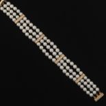 Ladies' Gold, Diamond and Pearl Three-Strand Bracelet