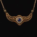 Ladies' Victorian Gold, Blue Sapphire and Seed Pearl Filigree Necklace