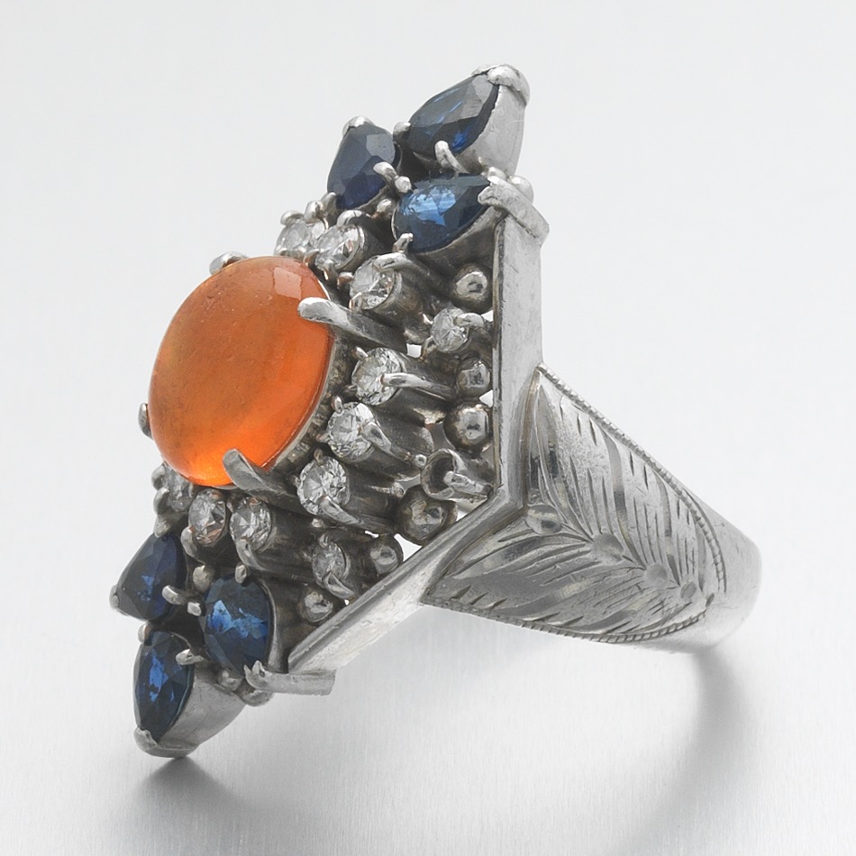 Platinum, Fire Opal, Diamond and Sapphire Ring - Image 3 of 7