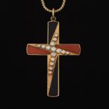 Vintage Gold, Black Onyx, Coral and Diamond Cross on Italian Gold Chain