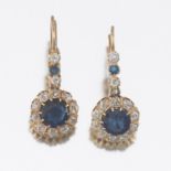 Ladies' Victorian Pair of Rose Gold, Blue Sapphire and Diamond Dangle Earrings