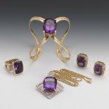 Four Piece Jewelry Suite in Gold, Amethyst and Diamond, 7.50 ct Diamonds Total