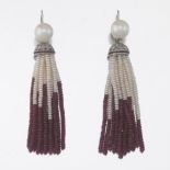 Ladies' Pair of Day To Night Pearl and Ruby Tassel Earrings