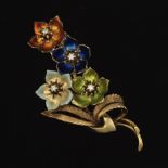 Ladies' Vintage Italian Gold, Enamel and Diamond Floral Pin/Brooch