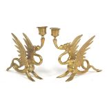 Pair of Renaissance Revival Brass Griffin Candle Holders