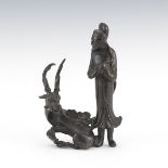 Japanese Patinated Bonze Okimono Grouping of JurÅjin, God of Longevity and Deer, Late Edo/Meiji Per