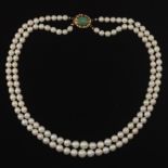 Ladies' Retro Gold, Green Jade and Pearl Two-Strand Necklace