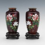 Pair of Japanese Ginbari Cloisonne Mirror Image Vases on Wood Stands