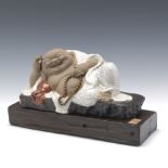 Chinese Ceramic Reclining Laughing Buddha on Wood Base